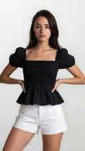 Sera – Cotton Poplin Puff Sleeve Peplum Blouse Top In Black