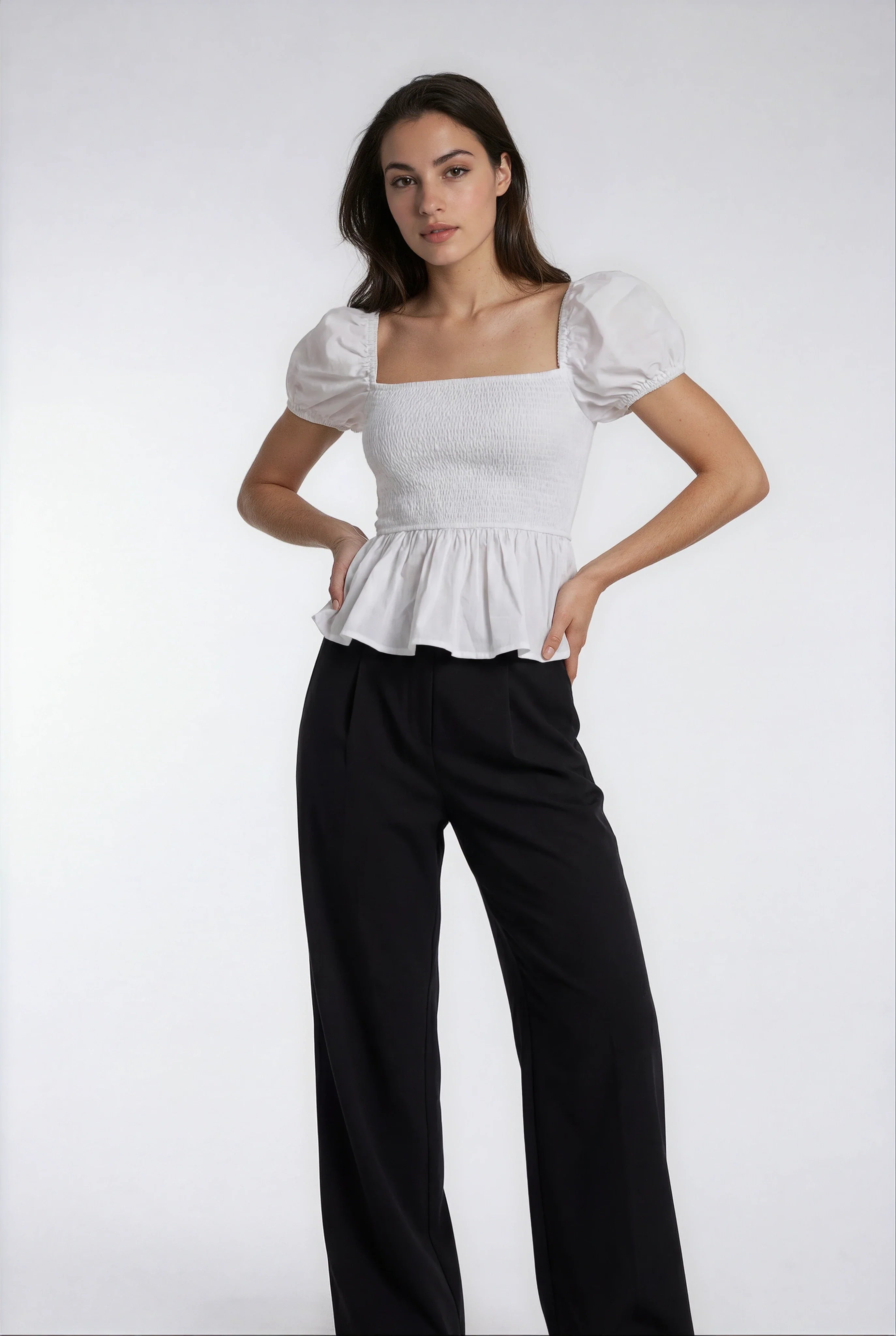 Sera – Cotton Poplin Puff Sleeve Peplum Blouse Top In White