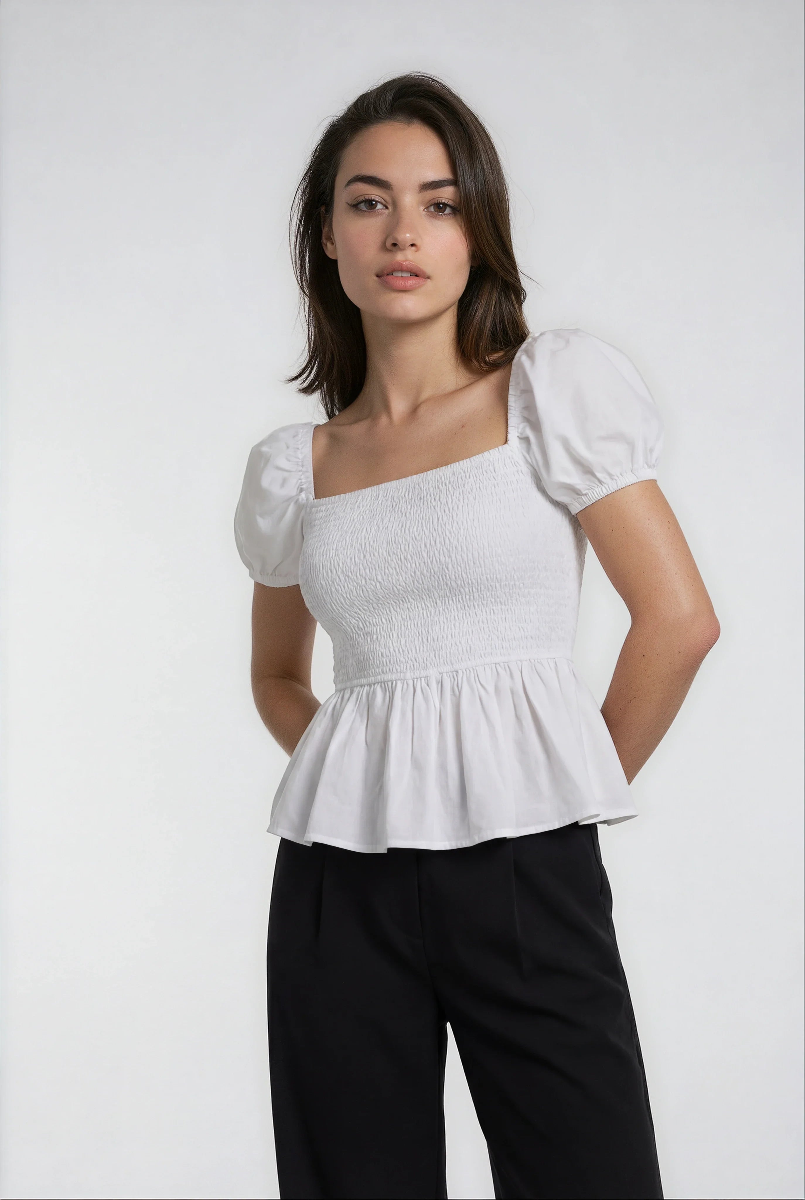 Sera – Cotton Poplin Puff Sleeve Peplum Blouse Top In White