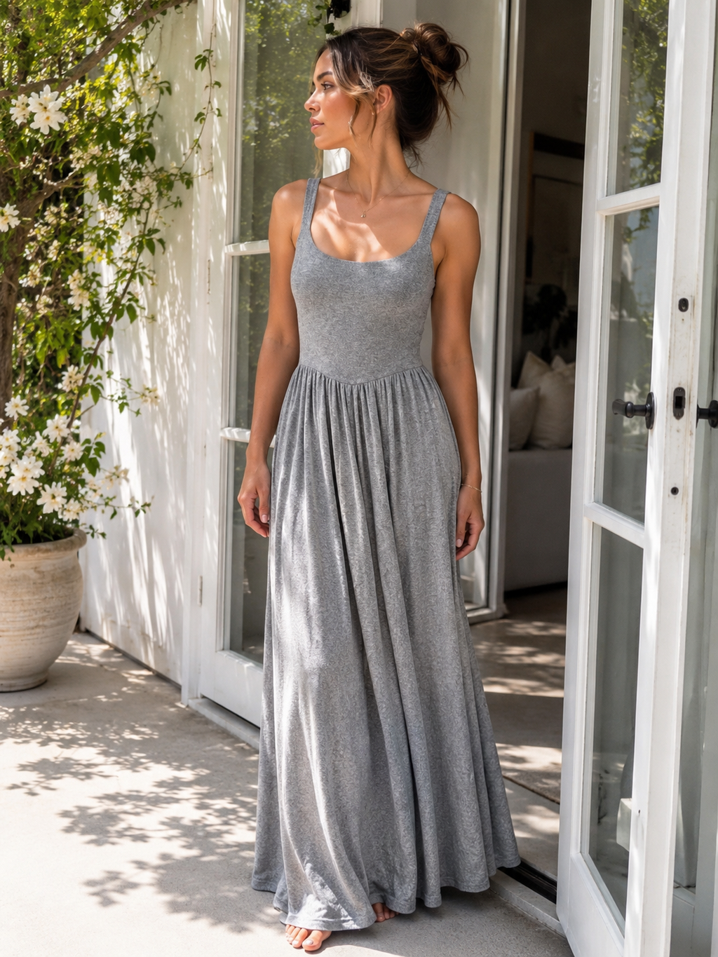 Dawn – Sleeveless Silky Jersey Flowing Maxi Dress In Grey